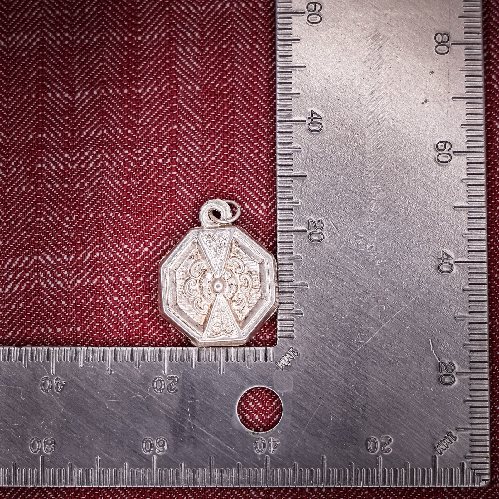Antique French Puffy Octagon Charm Sterling Silver Die Struck 19th Century