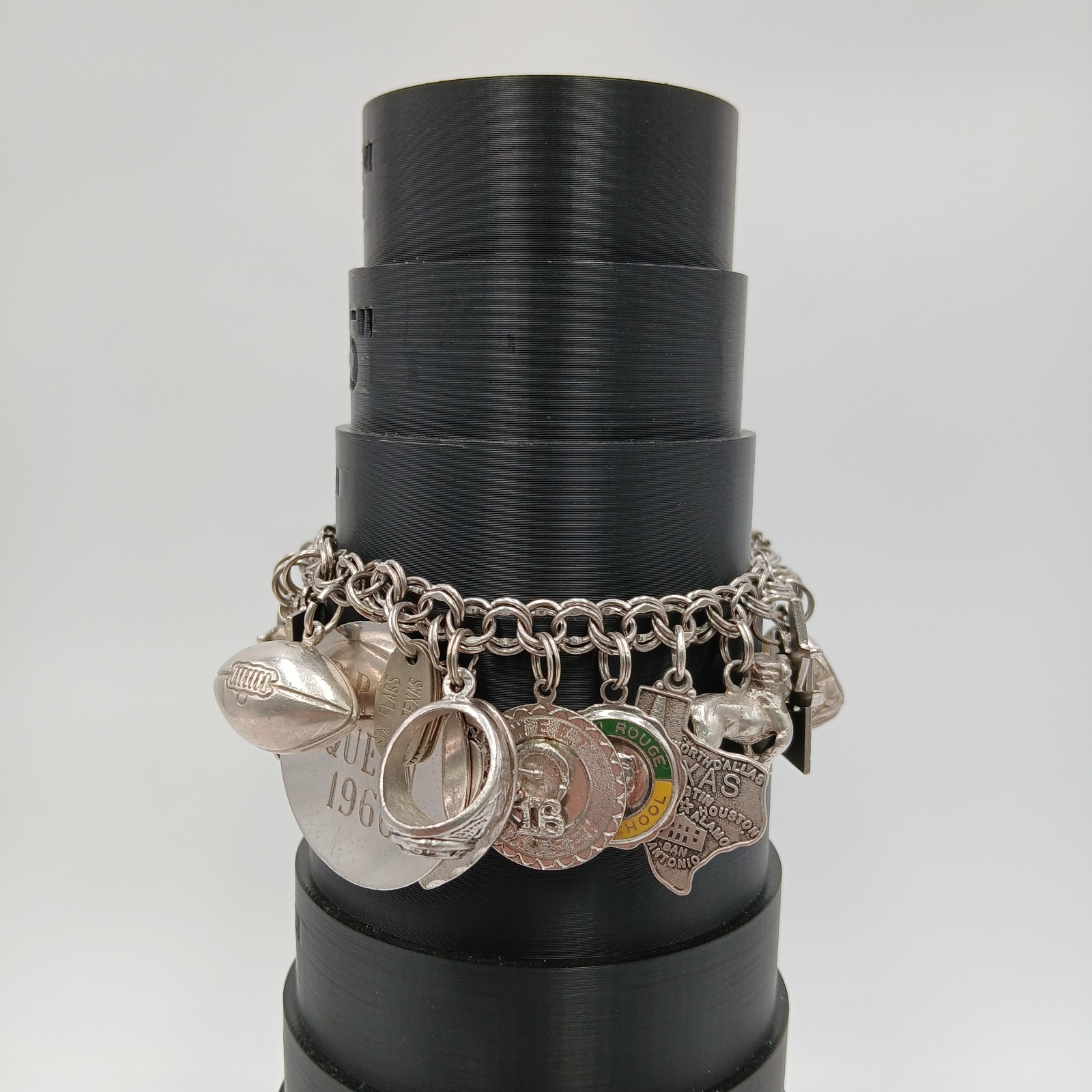 VTG 60s Charm Bracelet 8in Sterling Silver 70g JANE School Travel Faith South US