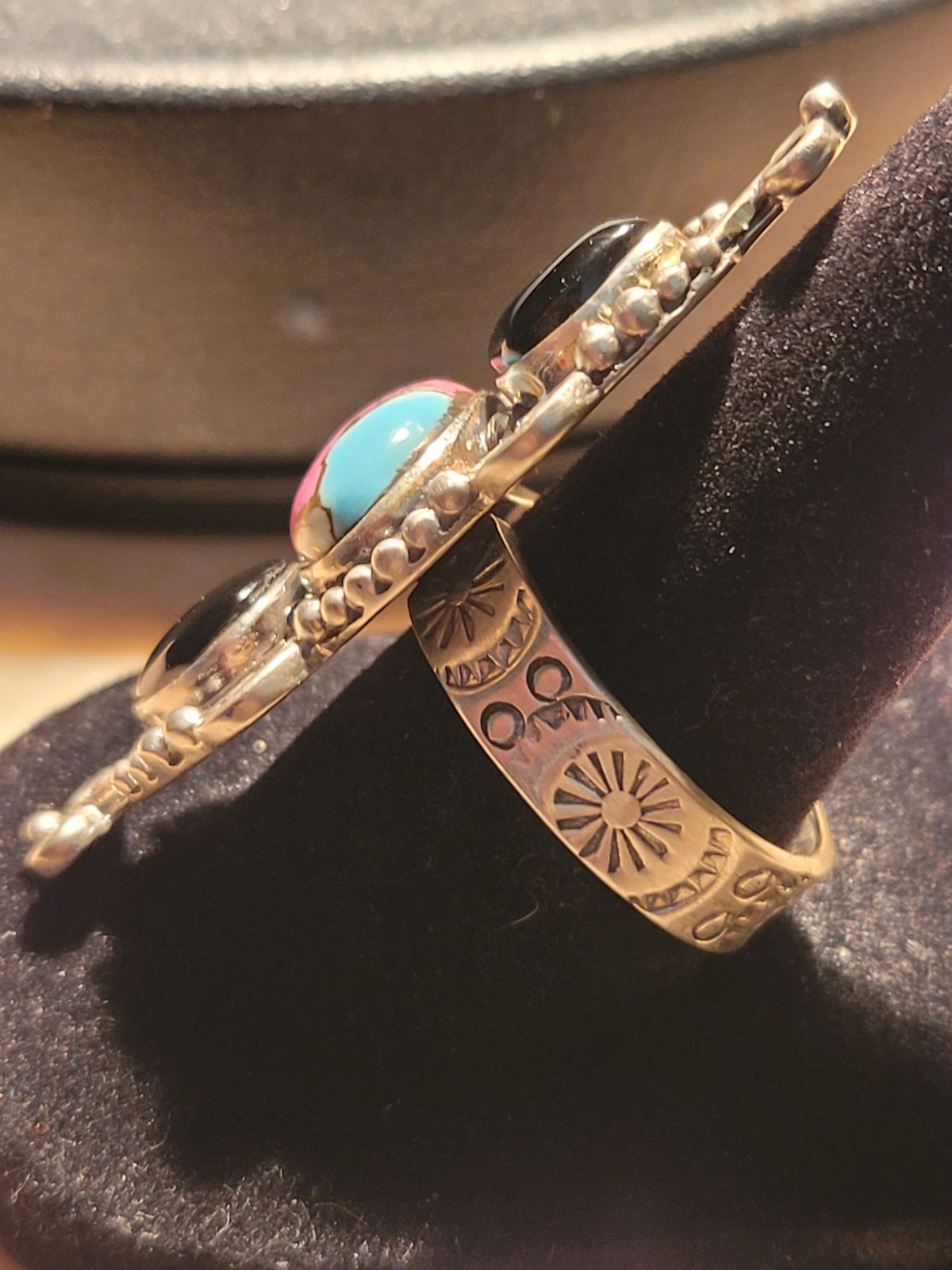 Cotton Candy Turquoise Black Onyx SS 925 Adjustable Southwestern Ring – handmade