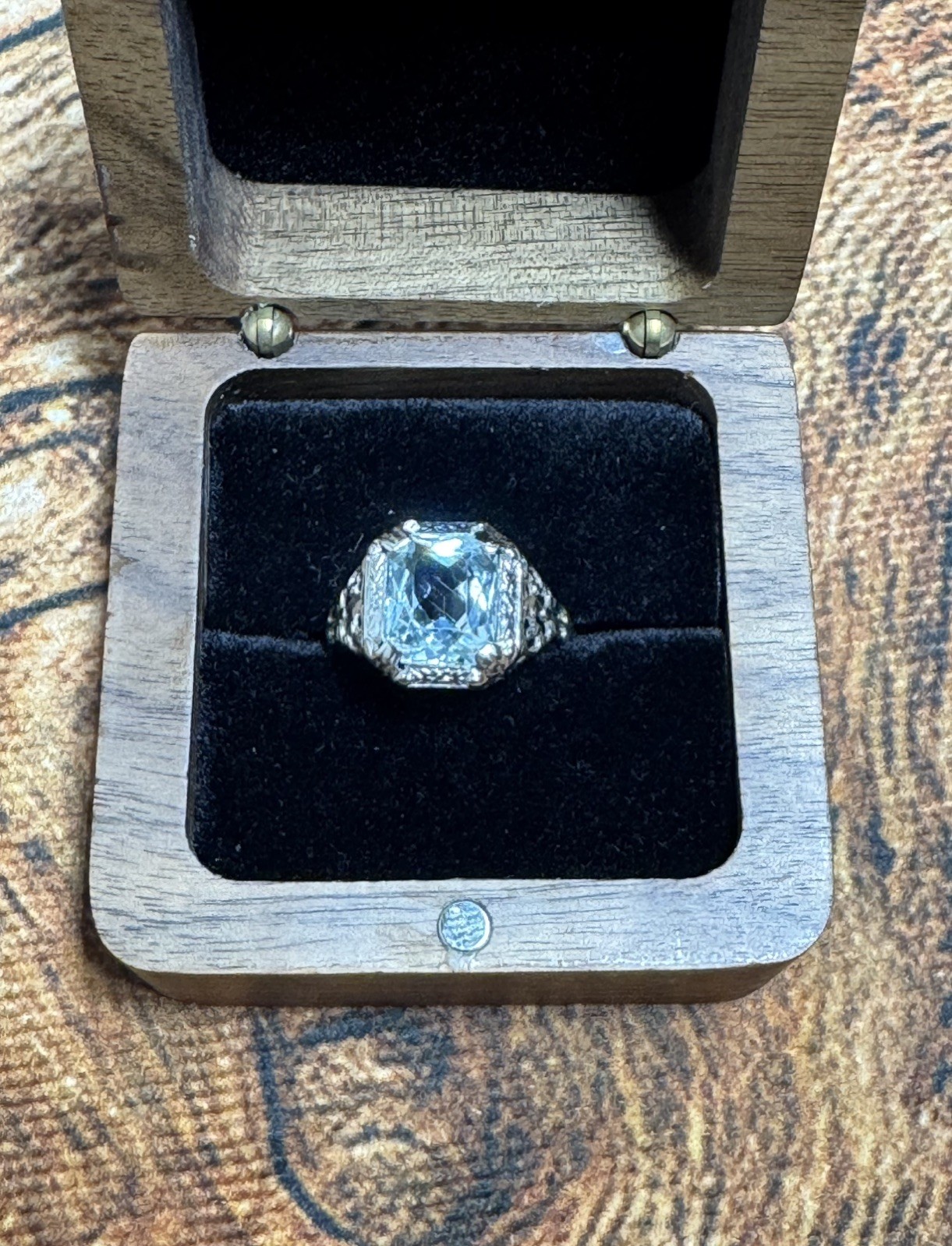 Beautiful Antique 14K Solid White Gold Filigree Ring With Large Aquamarine-Sz 5