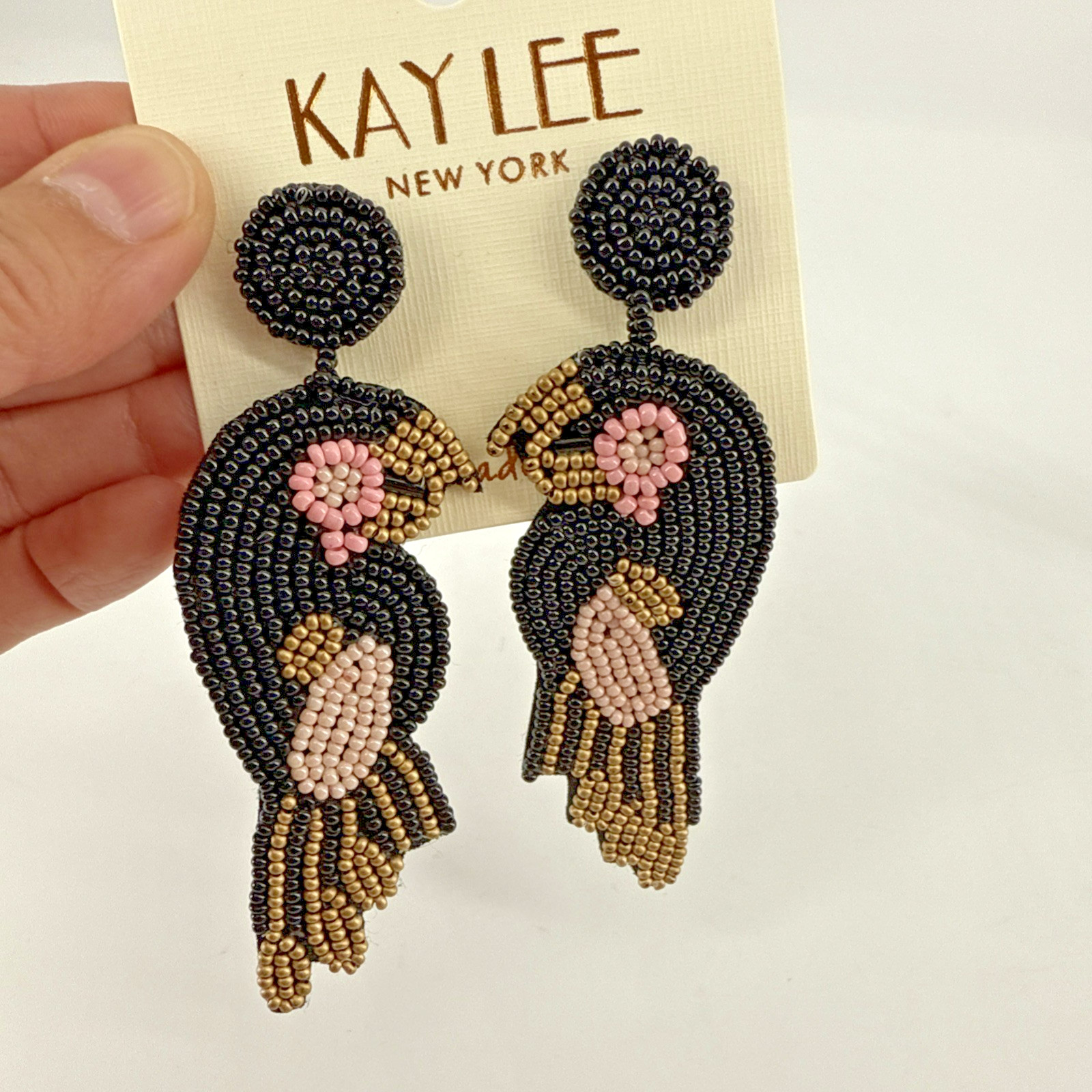 Kay Lee New York Boho Seed Beaded Black Parrot Bird Statement Earrings Fun Beach