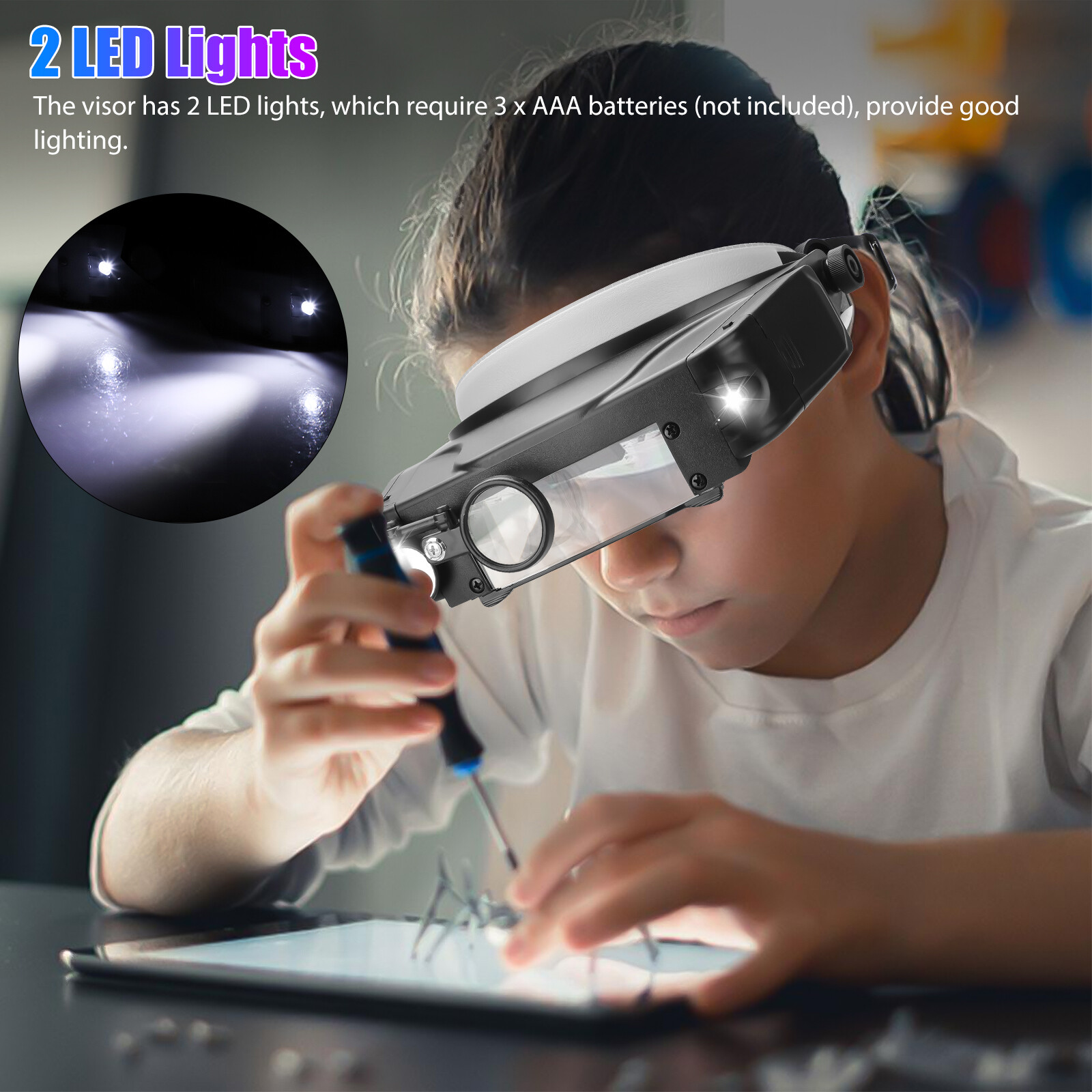 Headband Head Magnifier 2 LED Light Visor Jeweler Watch Repair Magnifying Glass