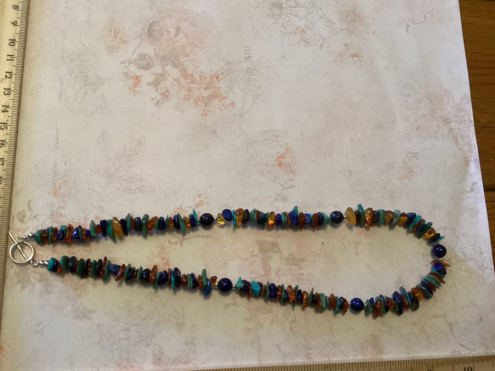Sterling Silver Turquoise Round Lapis And Amber Chip Beaded Necklace 20.5”