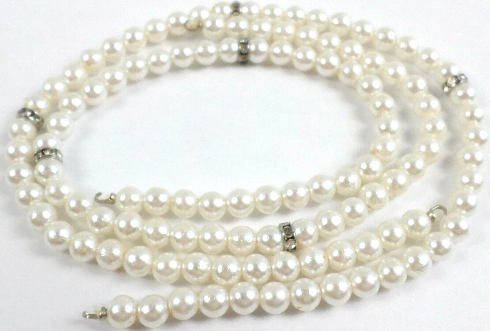 2 -Vintage 13.25″ White 6mm Acrylic Pearls 122 Bead Strand Rhinestone Hooks End