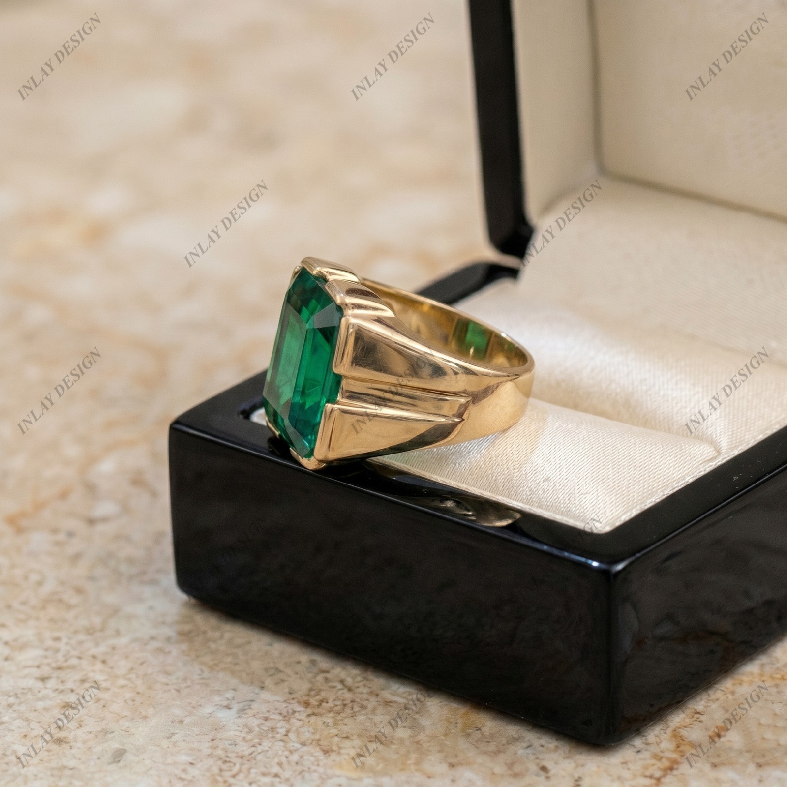 Green Emerald Cut Men’s Band Ring 14K Yellow Gold Plated Gemstone Ring For Him