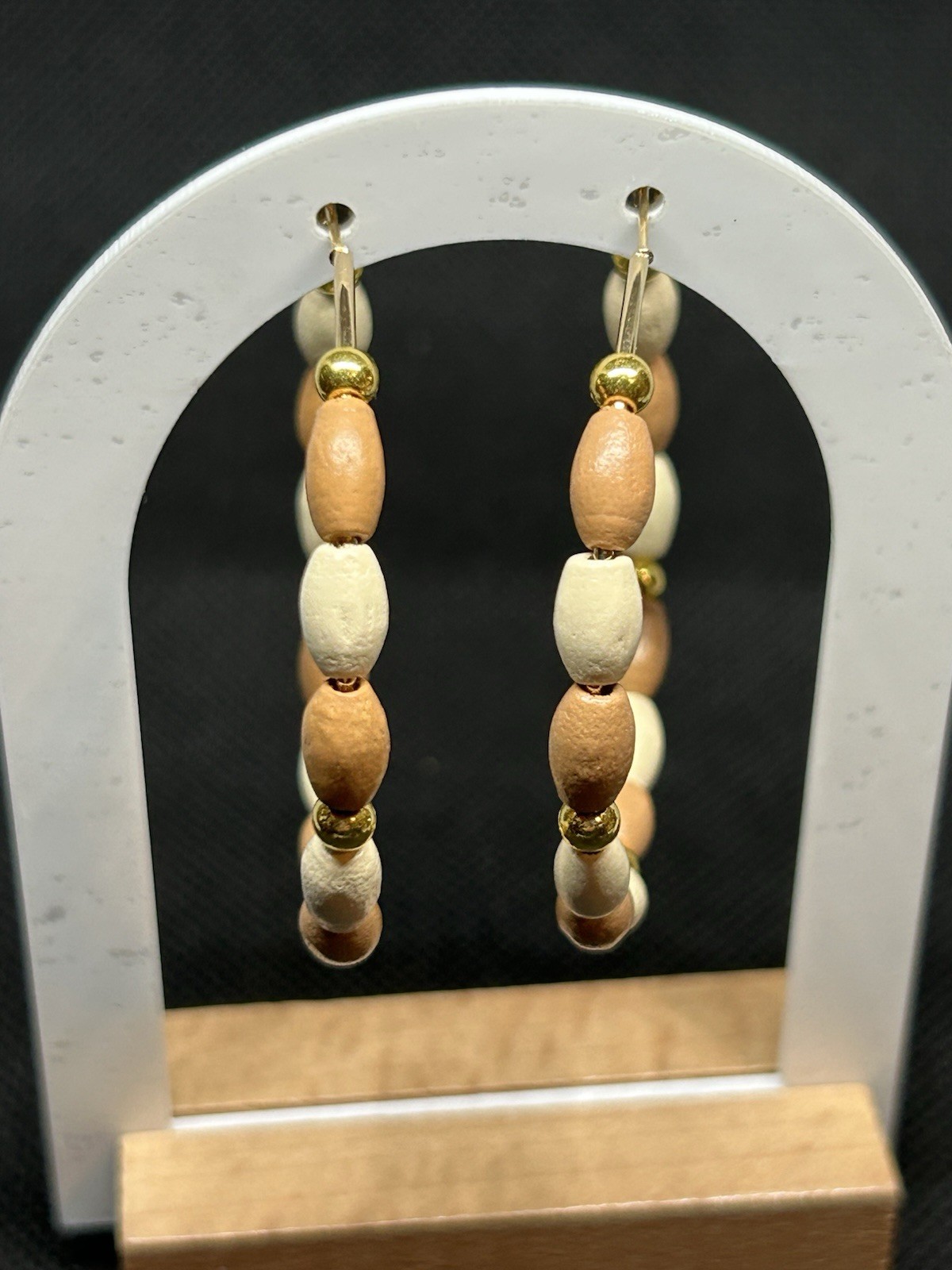 Ivory and Tan with Golden accents Bamboo Wooden Beaded Large Hoop Earrings Beige
