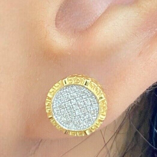 10K Yellow Gold Genuine Natural 0.25ctw Pave Diamonds Studs Earrings 10.8mm