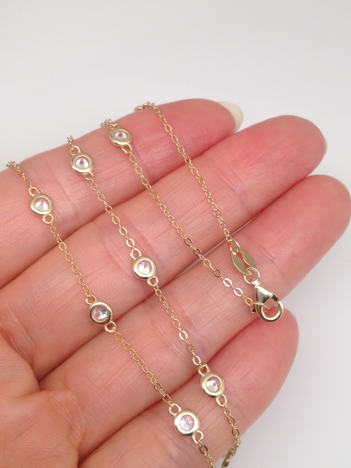 925 Sterling Silver Gold By the Yard Station Necklace Bezel CZ 18 3.5mm 18″