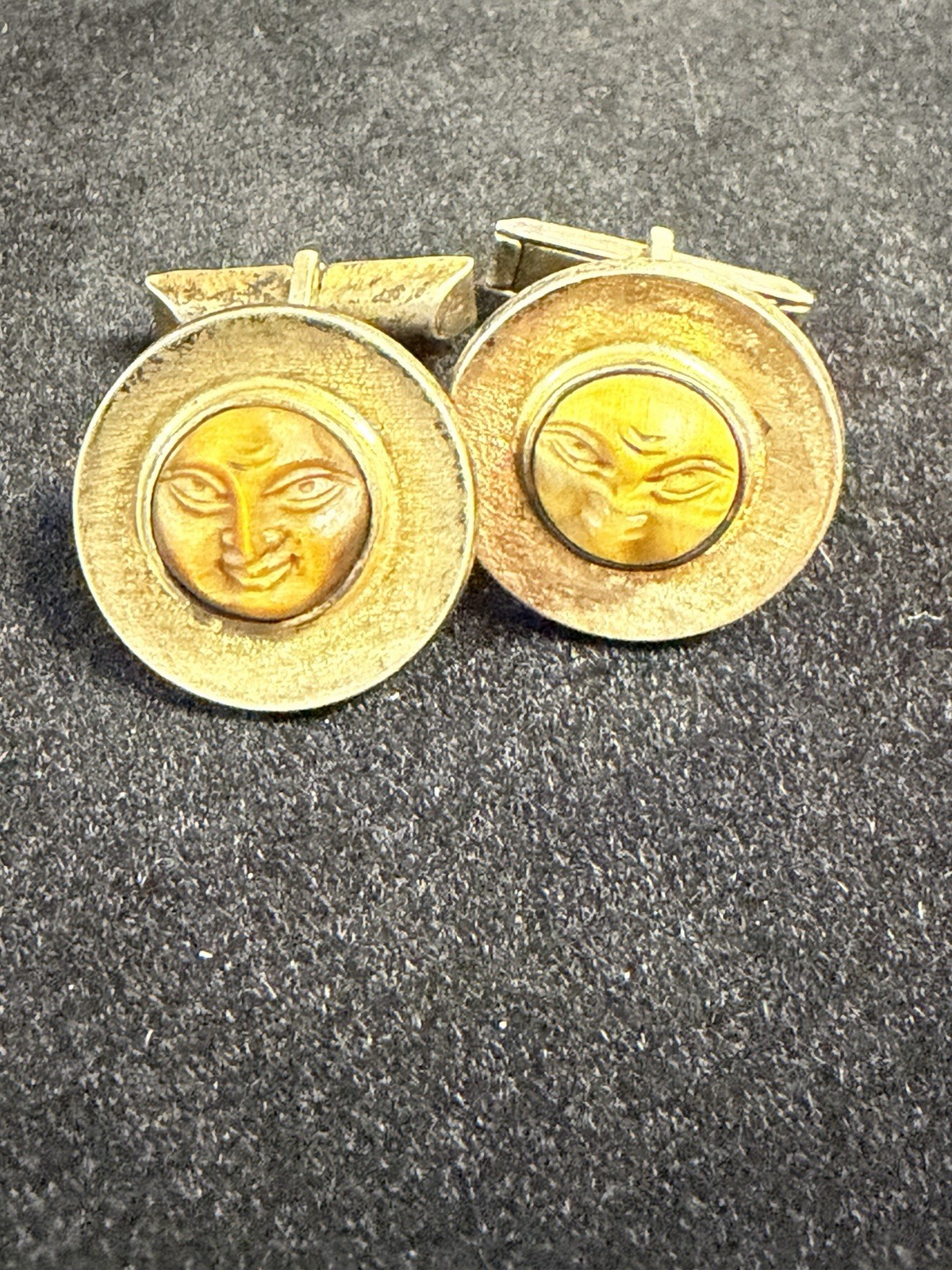 Cufflinks 1950’s Carved Tiger’s Eye Stone “Man in the Moon” or Sun Face Motif