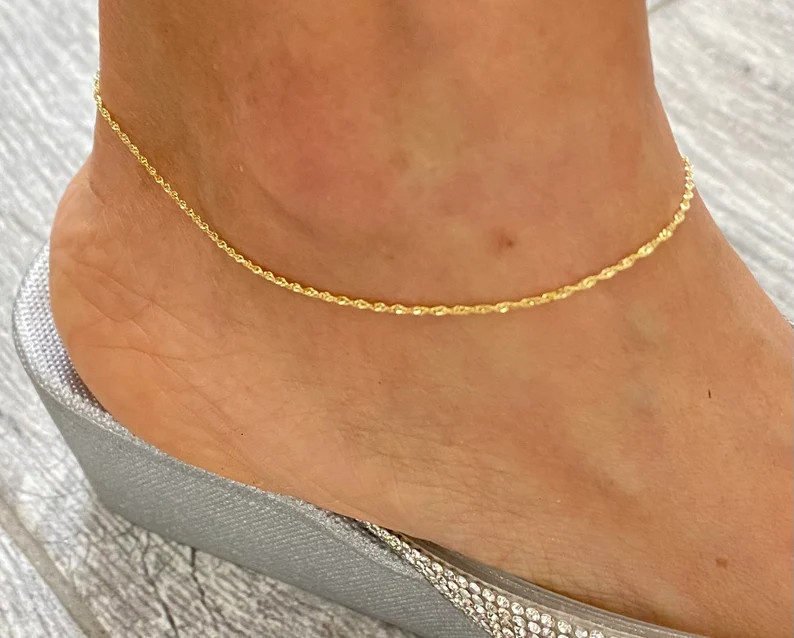 10K Solid Gold 1.1mm Singapore 9 inches Anklet, 10k Real Gold Anklet- PE9