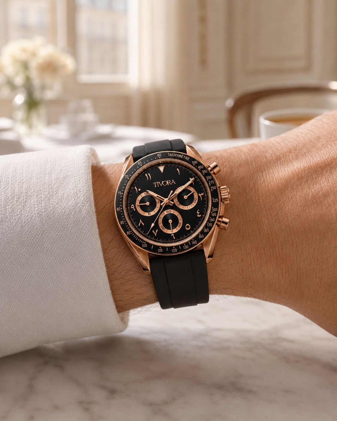 TÍVORÁ Veyron Rose Steel Onyx Dial Rubber V2 – Custom Branded Automatic Chronogr