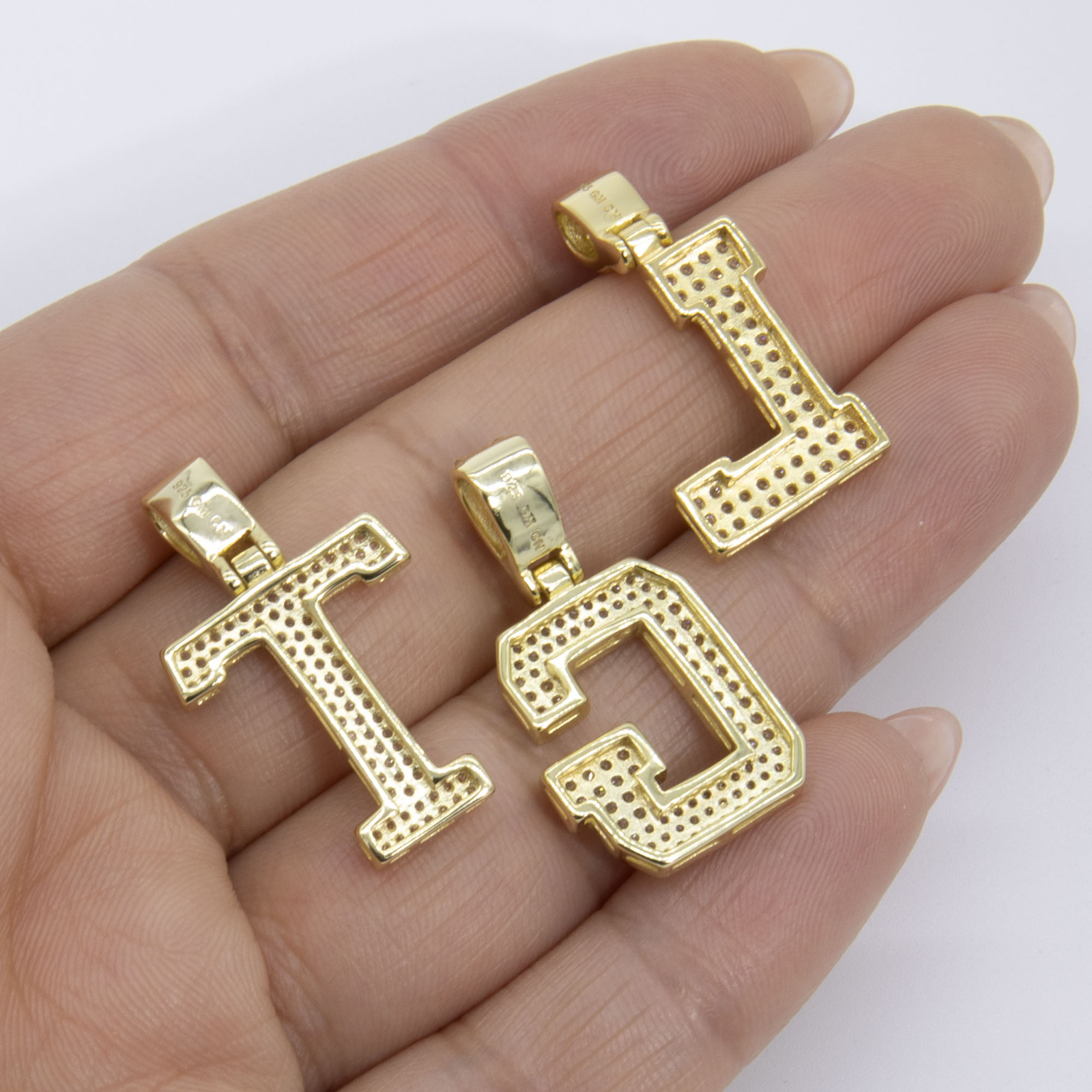 1 1/4″ CZ Block Letters Initial Pendant Yellow White Sterling Silver