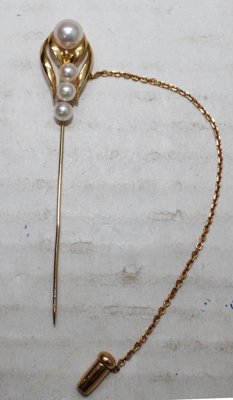 18K Gold & 4 Pinkish Pearls Stick Pin / Brooch 3.3 Grams 3 1/2″ Long