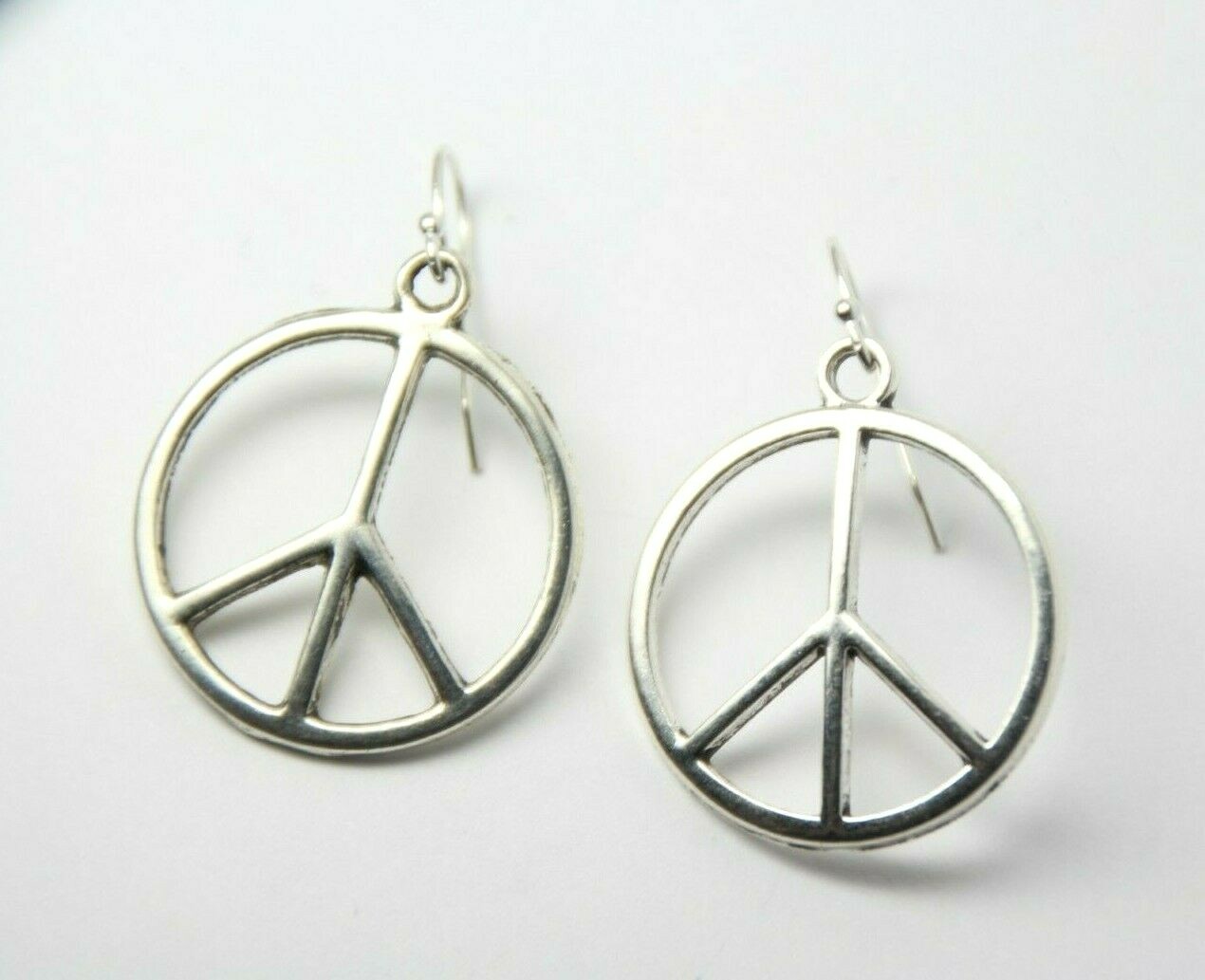 Peace Sign Charm Earrings Hippie 1960s 925 Sterling Silver Hooks Pewter Charms
