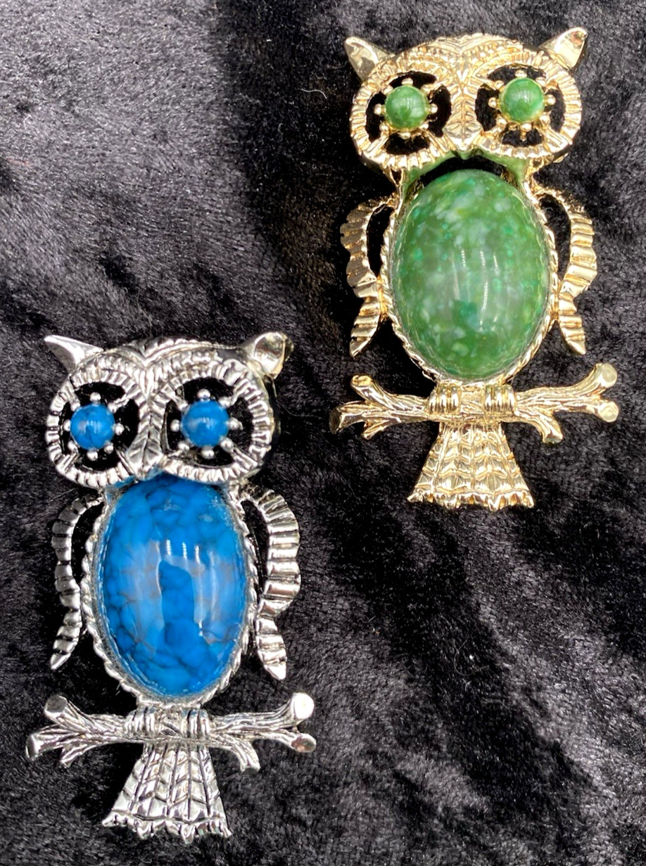 Pair – Vtg. Gerry’s Owls, Brooch/Pendant, Silver & Turquoise + Gold and Green