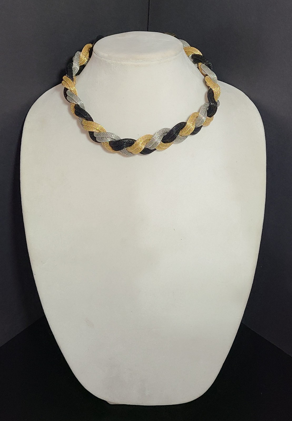 Black/Silver/Gold Braided Statement Necklace 14″ Chocker Collar Jewelry Gift EUC