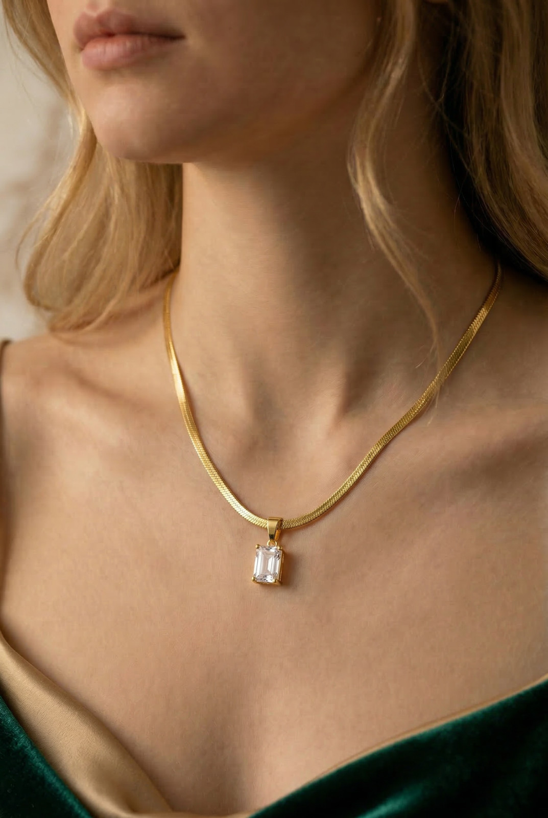 Diamond CZ Snake Chain – Emerald Cut Necklace | Dainty Herringbone | 18k Gold