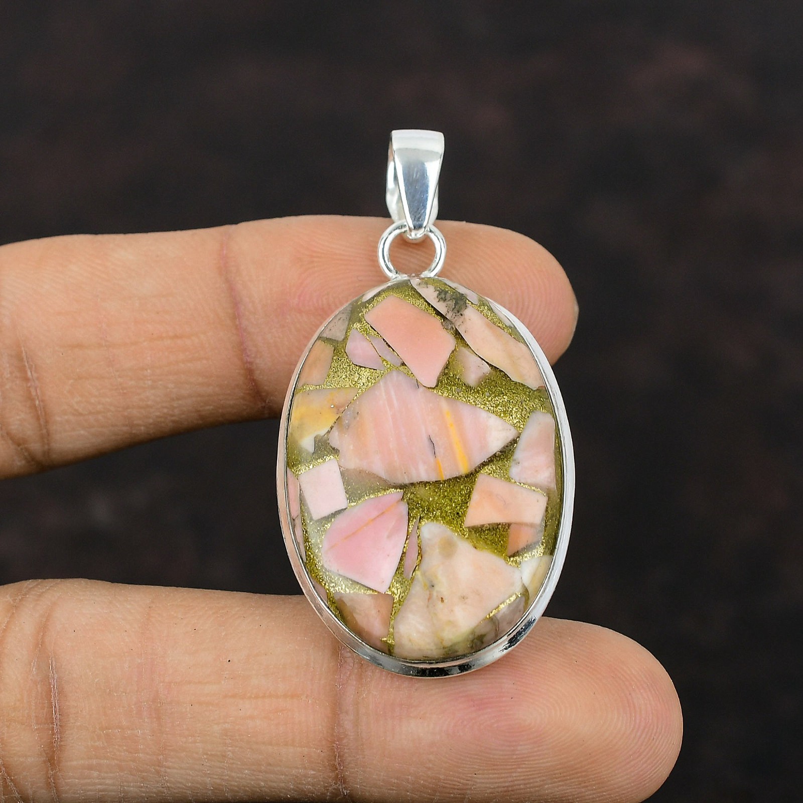 Valentines Deal Oval Copper Pink Opal Stone Wife New Pendant 925 Sterling Silver