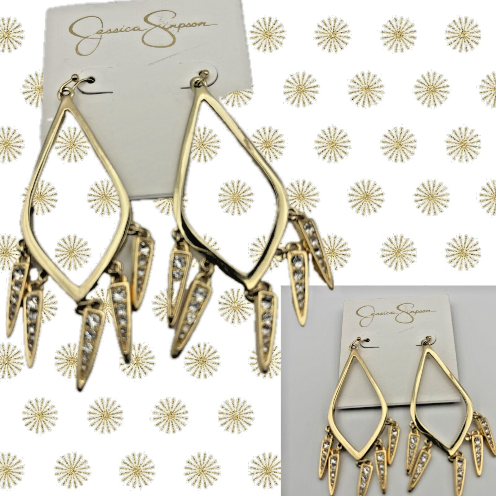 Jessica Simpson Large Gold-Tone Open Teardrop Crystal Dangle Charm Drop Earrings