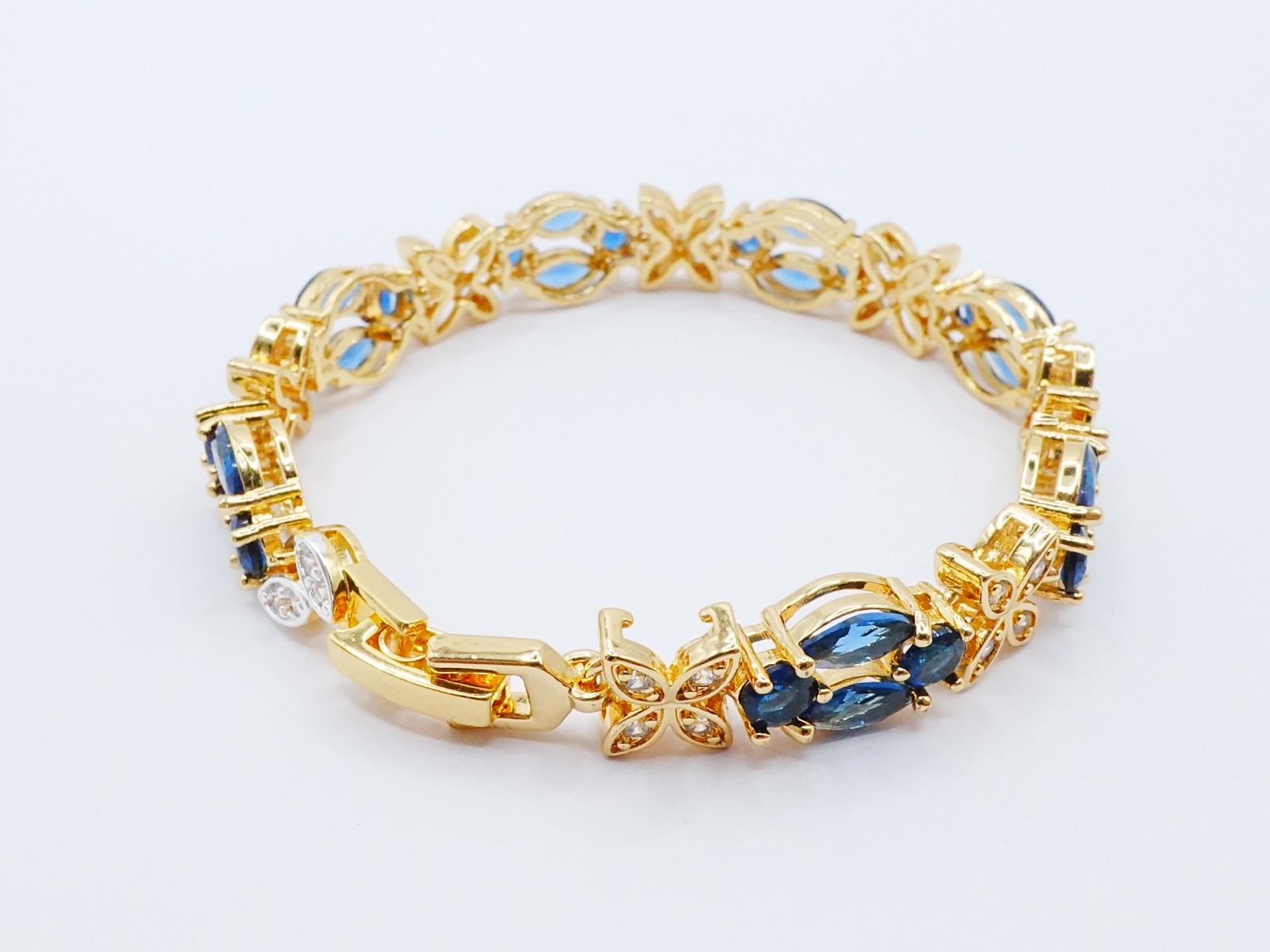 Bracelet Blue Gemstone & Cz Diamond 24K Yellow Gold Plated 7″ Women Jewelry