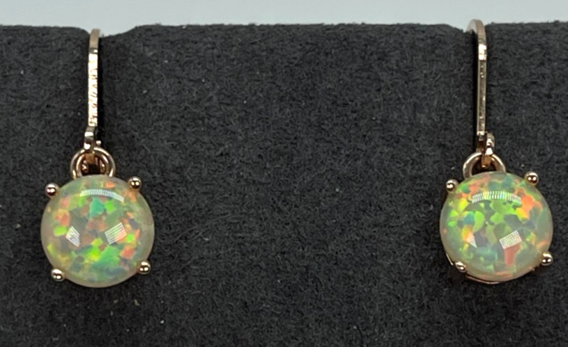 Earrings. Rose Gold Tone White Multicolor Reflective Opal Leverback w/1″ Drop