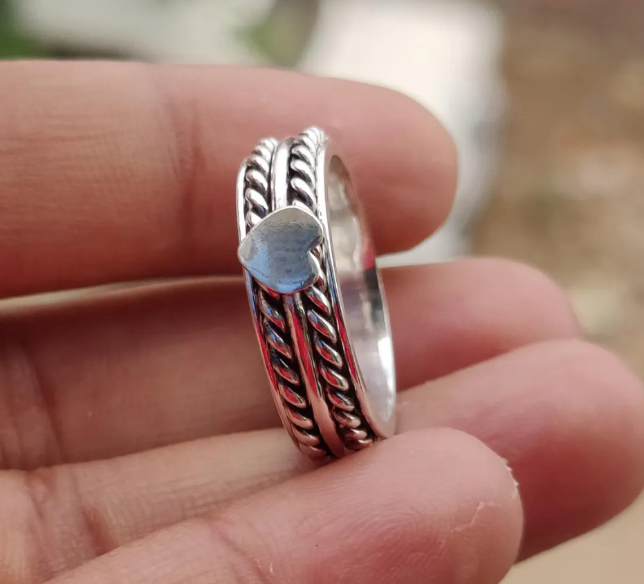 Handmade Vintage Twisted Rope Design Ring 925 Sterling Silver Heart Fidget Ring