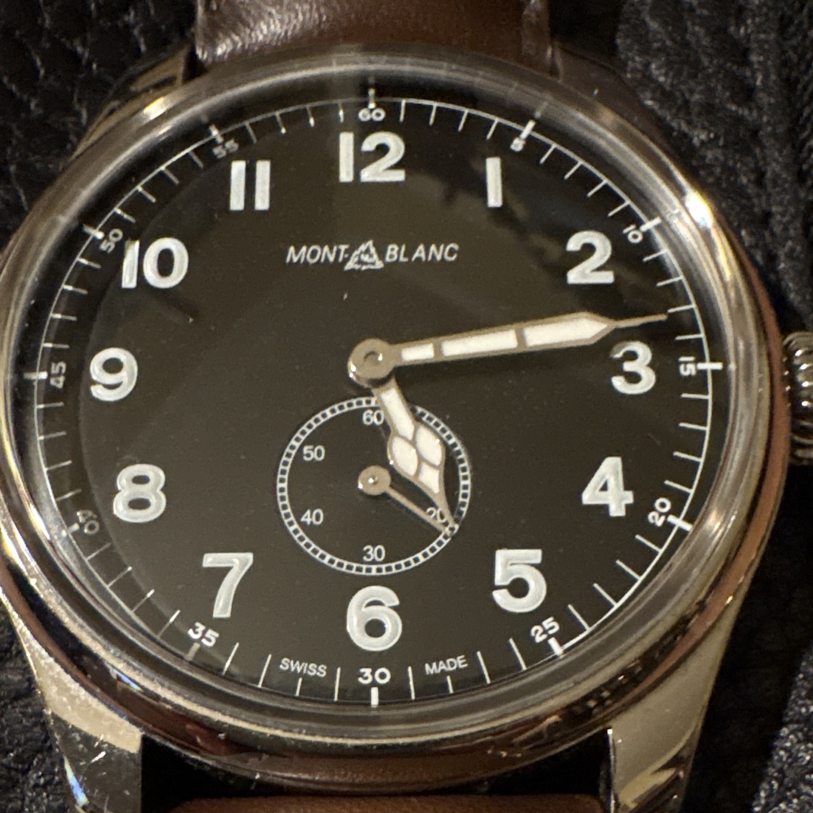 Montblanc 1858 Swiss Made Manual Wind 44mm Black Dial Brown Leather Strap