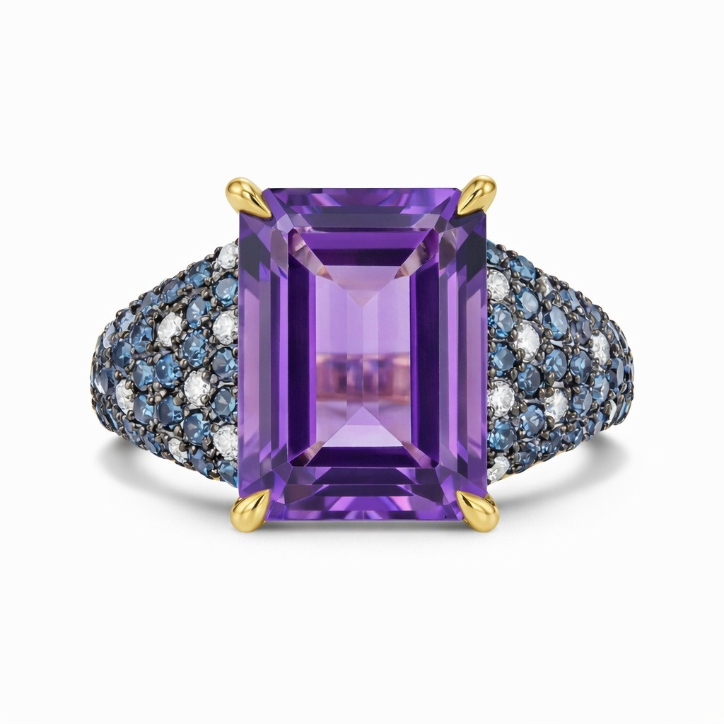 925 Sterling Silver African Amethyst Ring Emerald Cut Stone with Blue & White CZ