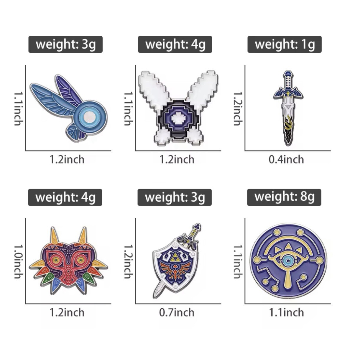 Zelda Style Pin Set 6pk Rubber Back Brooch Zelda Master Sword Pin Majoras Mask