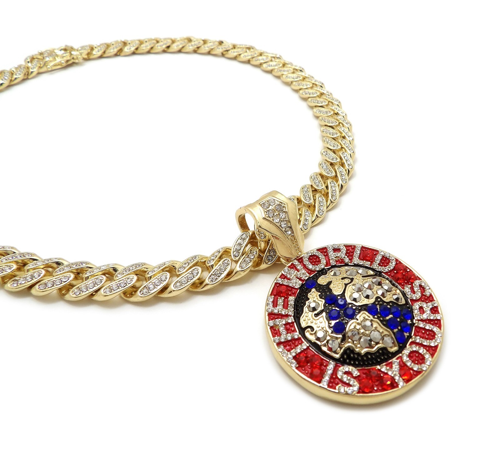 Hip Hop THE WORLD IS YOURS Pendant & 18″ Iced Box Lock Cuban Choker Bling Chain