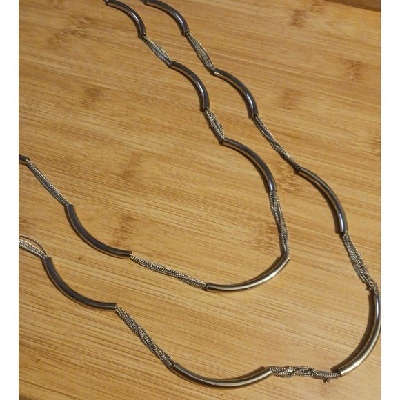 NEW French Connection Silver Curved Bar Extra Long Double Layered Necklace