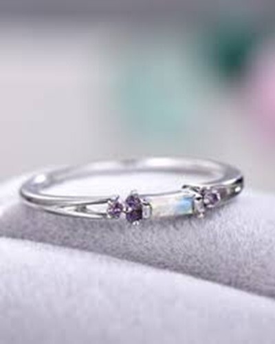 935 Silver With Baguette Cut Opal & Round Cut Amethyst Engagement Ring For Woman