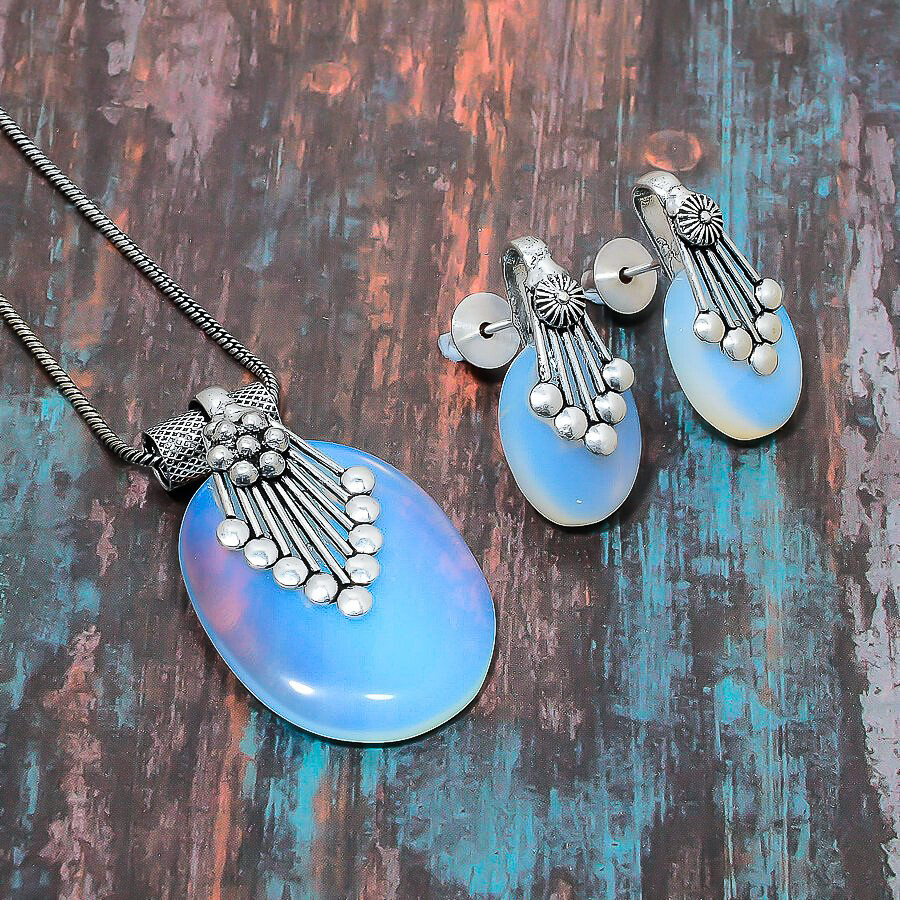 Milky Opal Gemstone Handmade Necklace+Earring Jewelry Set J827
