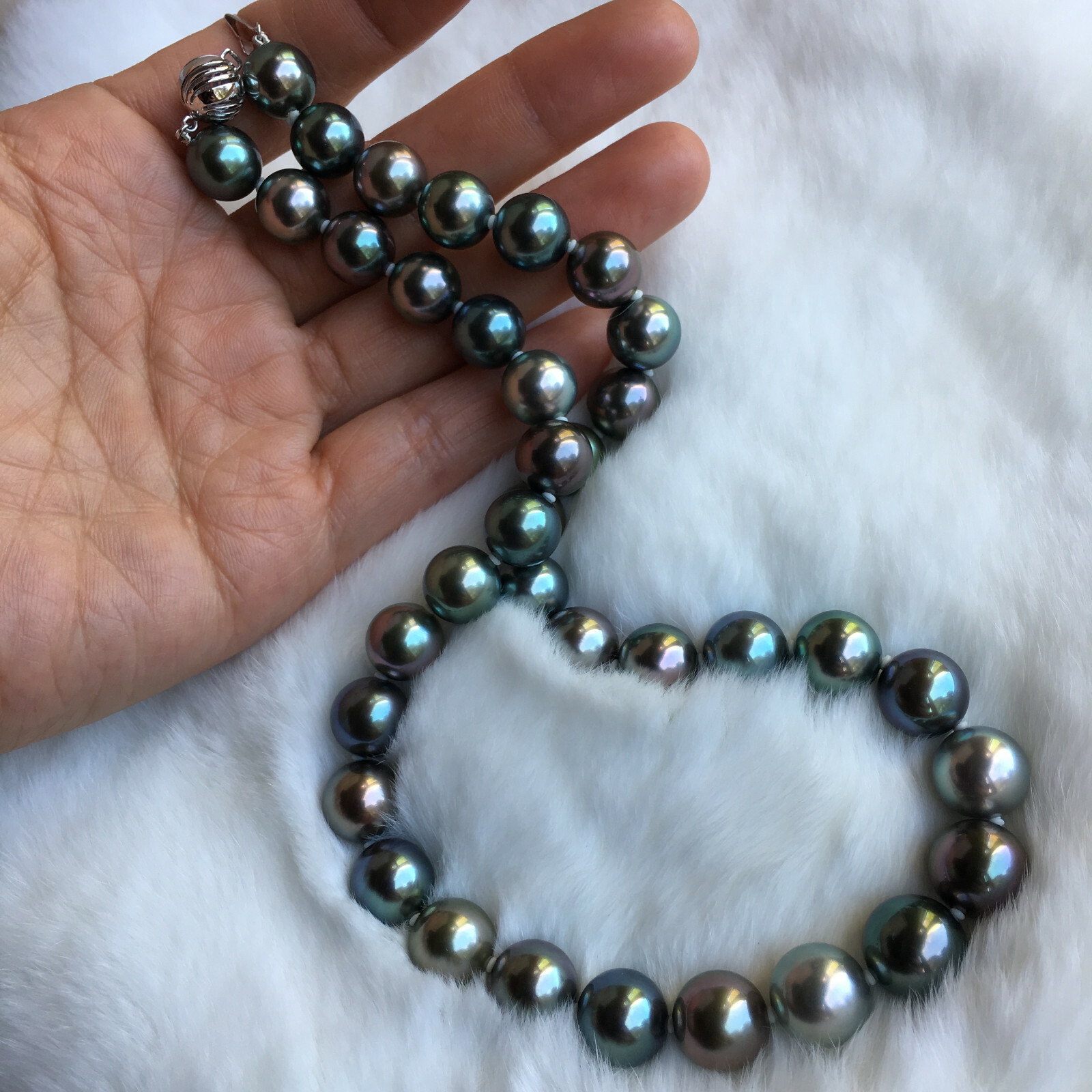 Rare Multi-gray Peacock black Tahitian Pearl 10-11.6mm Top Quality Necklace 43cm