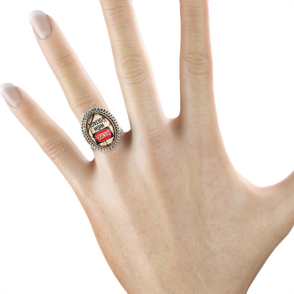 DANGER High Voltage Industrial Metal Warning Sign Antique Silver Glass Ring
