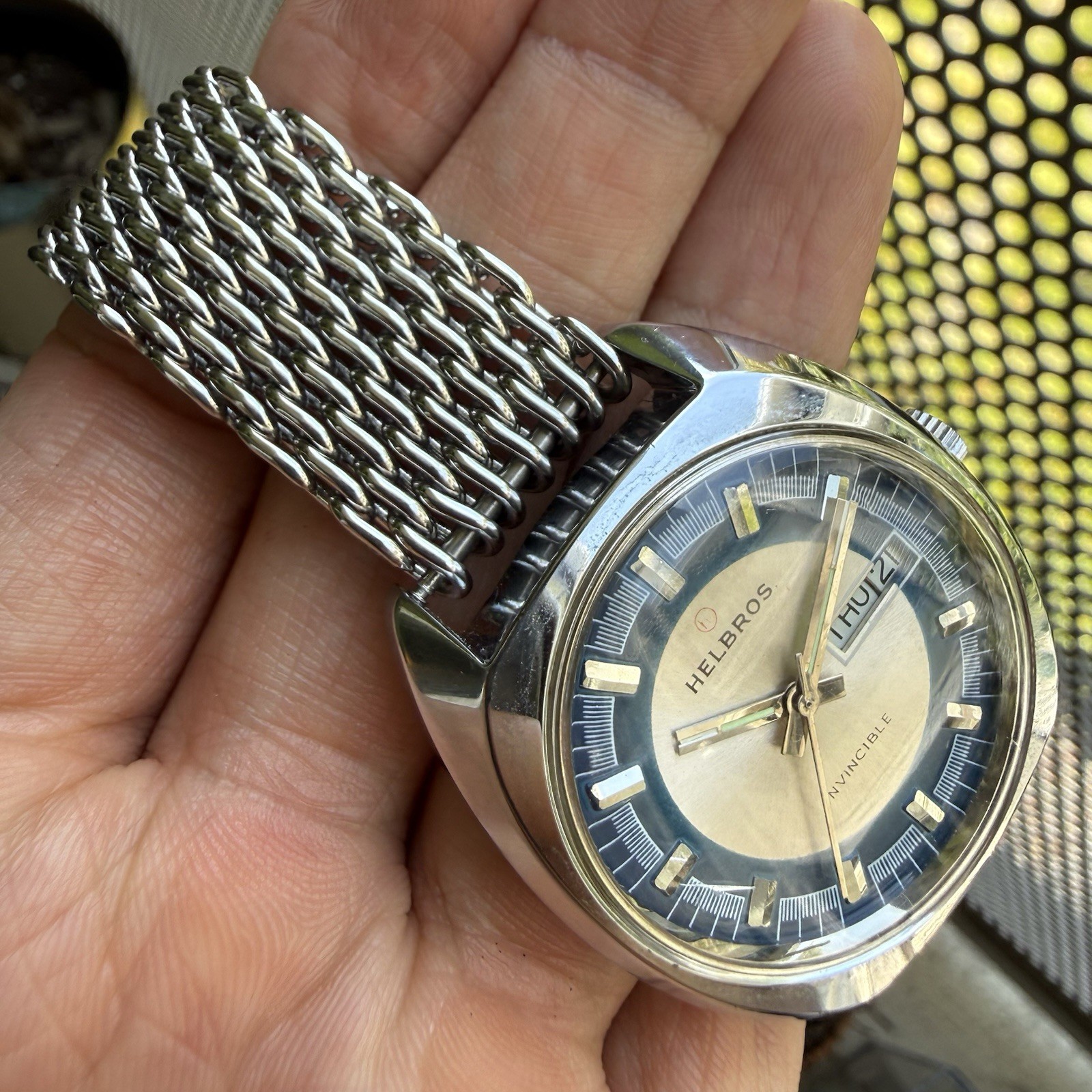 Vintage Helbros Invincible Day Date Stainless Steel Silver Blue Dial Men’s Watch