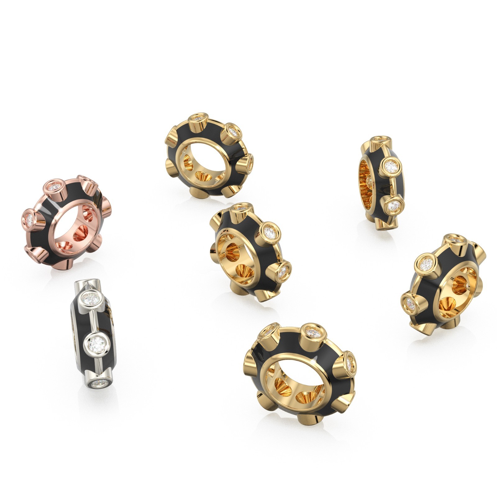 Black Enamel Diamond Solid Gold Charm Bead, Wide Hole Spacer with Bezel Stones