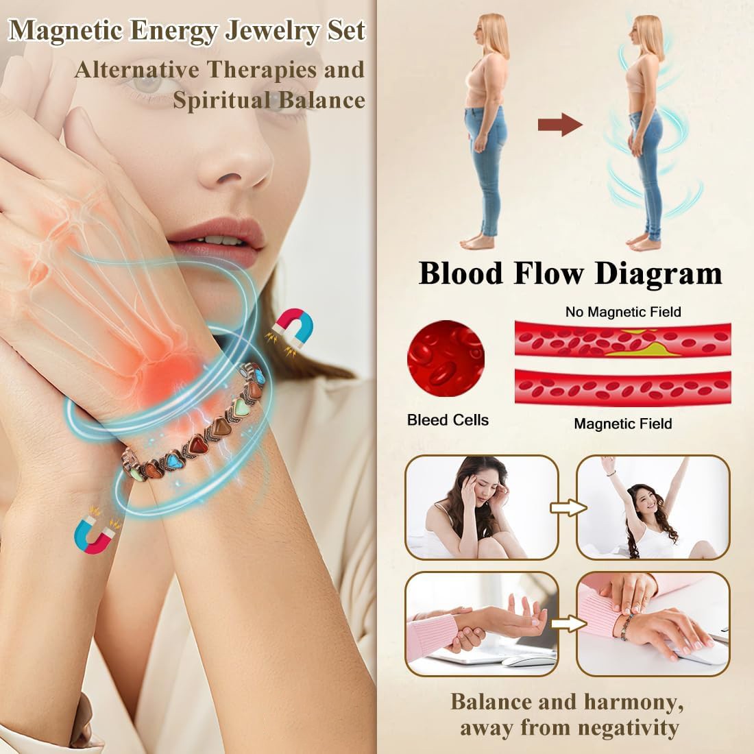 Women’s Copper Magnetic Bracelet Clover Crystal Adjustable Pain Relief Arthritis