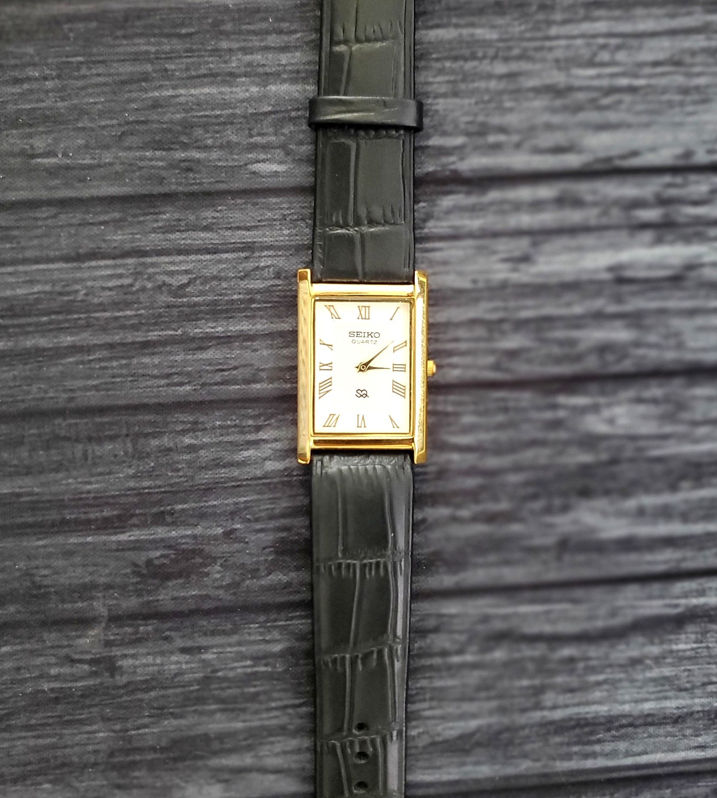 Vintage Rectangle Tank Gld Wht Blk Men Dress Watch New Mov Batt-