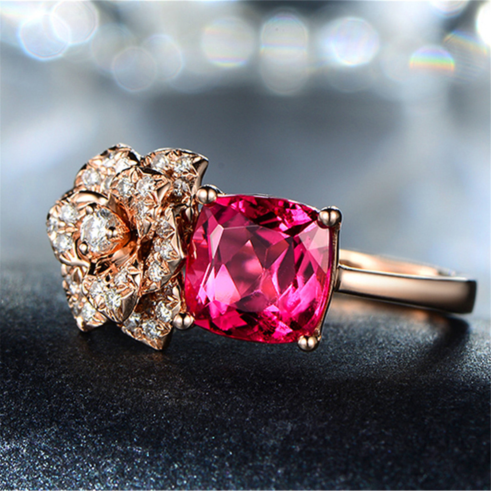 18K Rose Gold Filled Women Rose Red Crystal Flower Rings Men Rings J011
