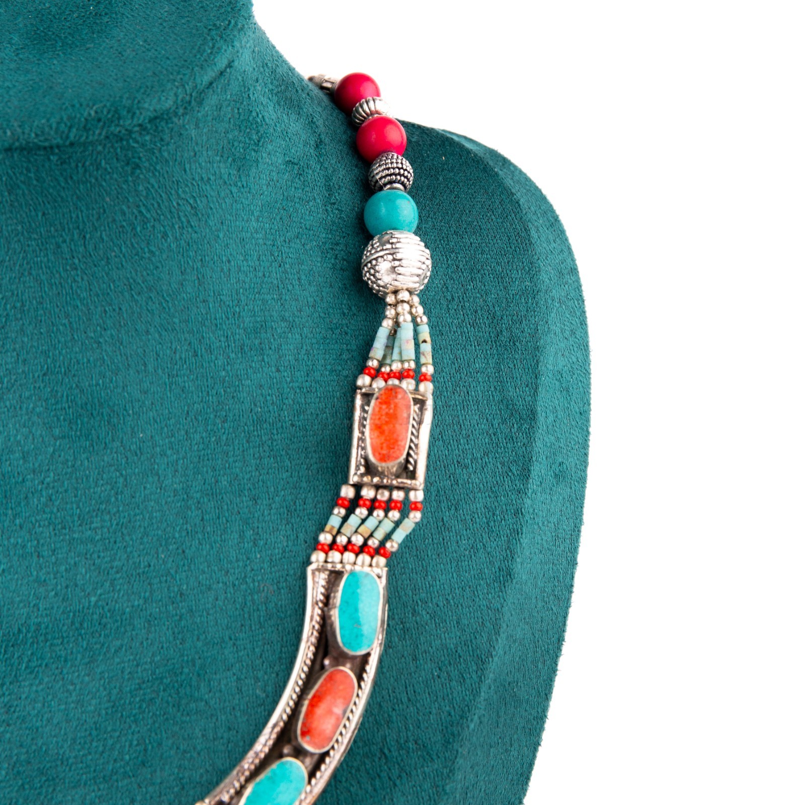 Tibetan Necklace Turquoise Coral Gemstone, Handmade Antique Tribal Statement