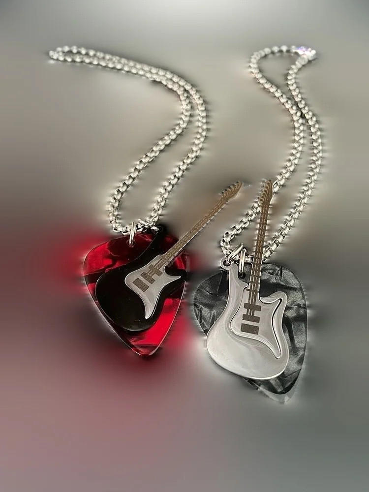 Hip Hop Guitar Pendant Necklace Titanium Steel Vintage Electric Guitar Sweater C