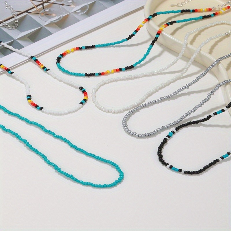6Pcs Colorful Seed Bead Choker Necklaces Bohemian Layer Collar Accessory Set