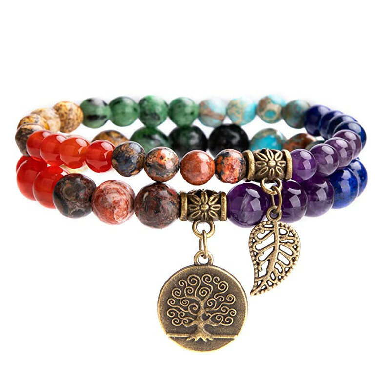 2Pcs Tiger Eye Beaded Bracelets Set Tree of Life Leaf Pendant Men Women Bangle