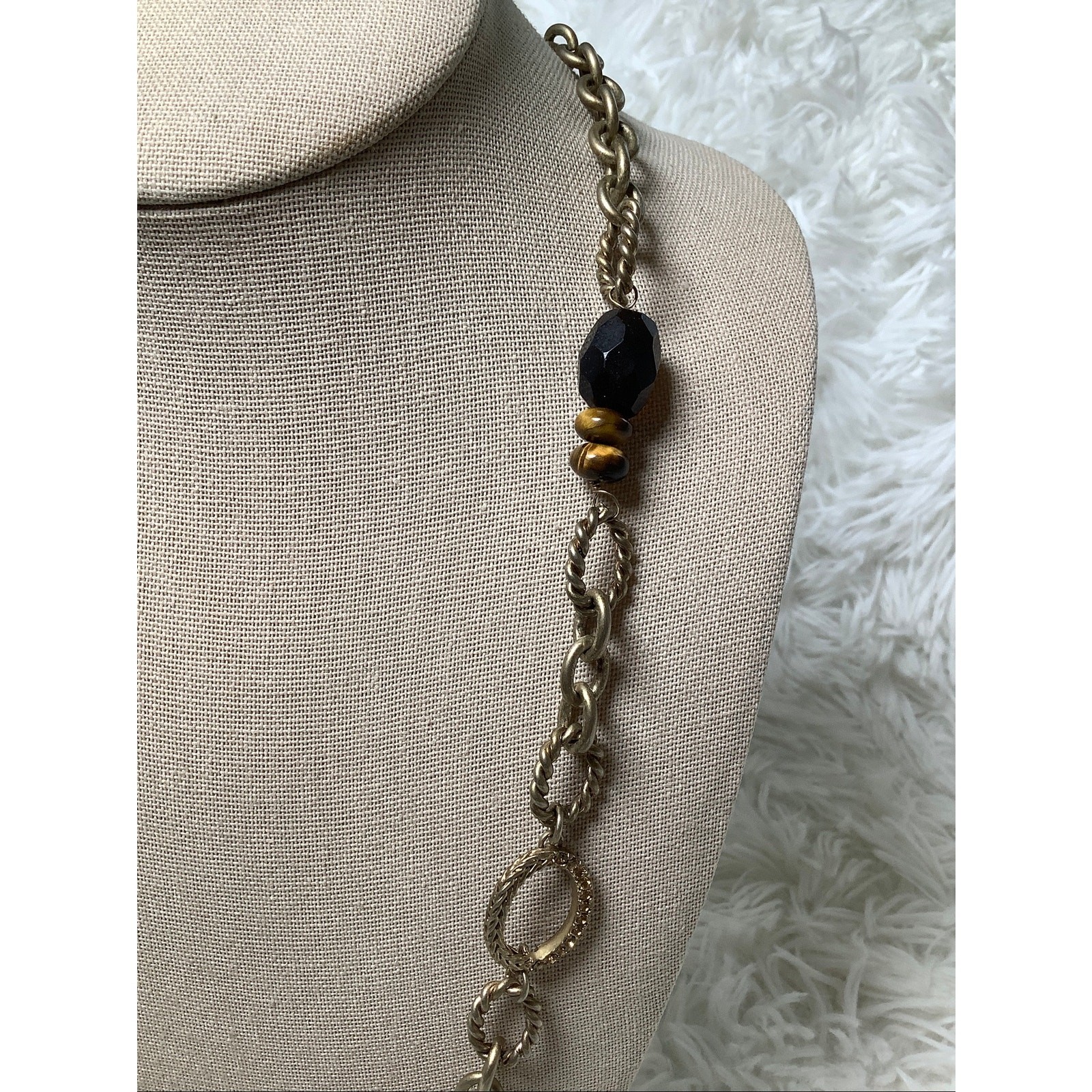 Ellen Tracy Gold Tone Amber Beaded Layered Station Chain Necklace Boho A5-35