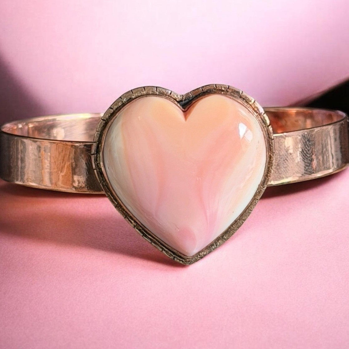 Pink Conch Heart Copper Cuff Bracelet Artisan Handmade