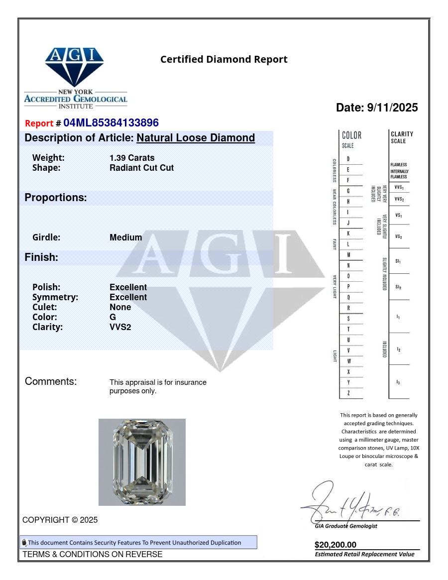 Cert. AGI Radiant 1.39 Carat Natural Mined Diamond Loose G color VVS2 clarity