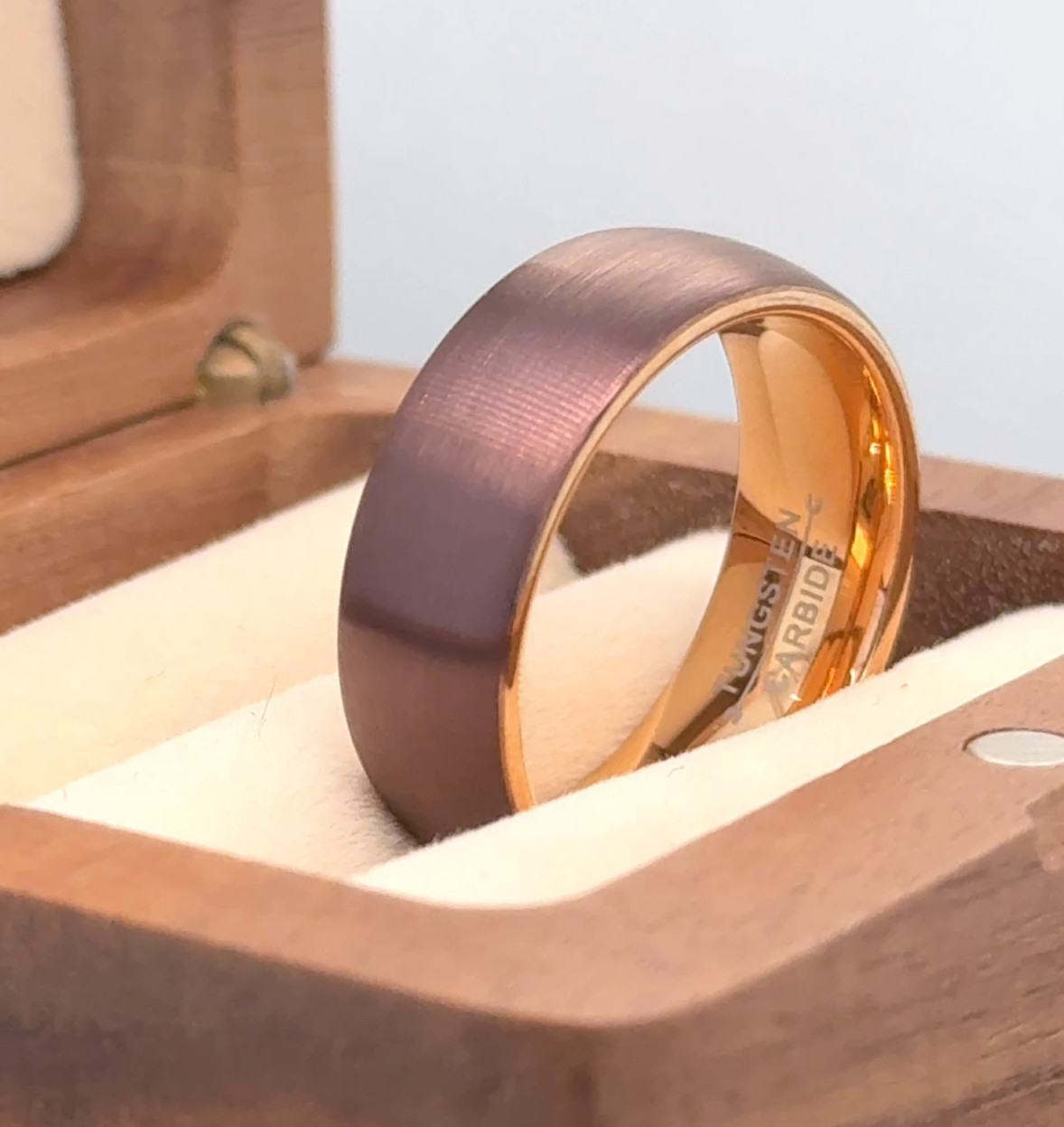 Brown & Rose Gold Tungsten Wedding Ring Elegant Thanksgiving Gift For Her