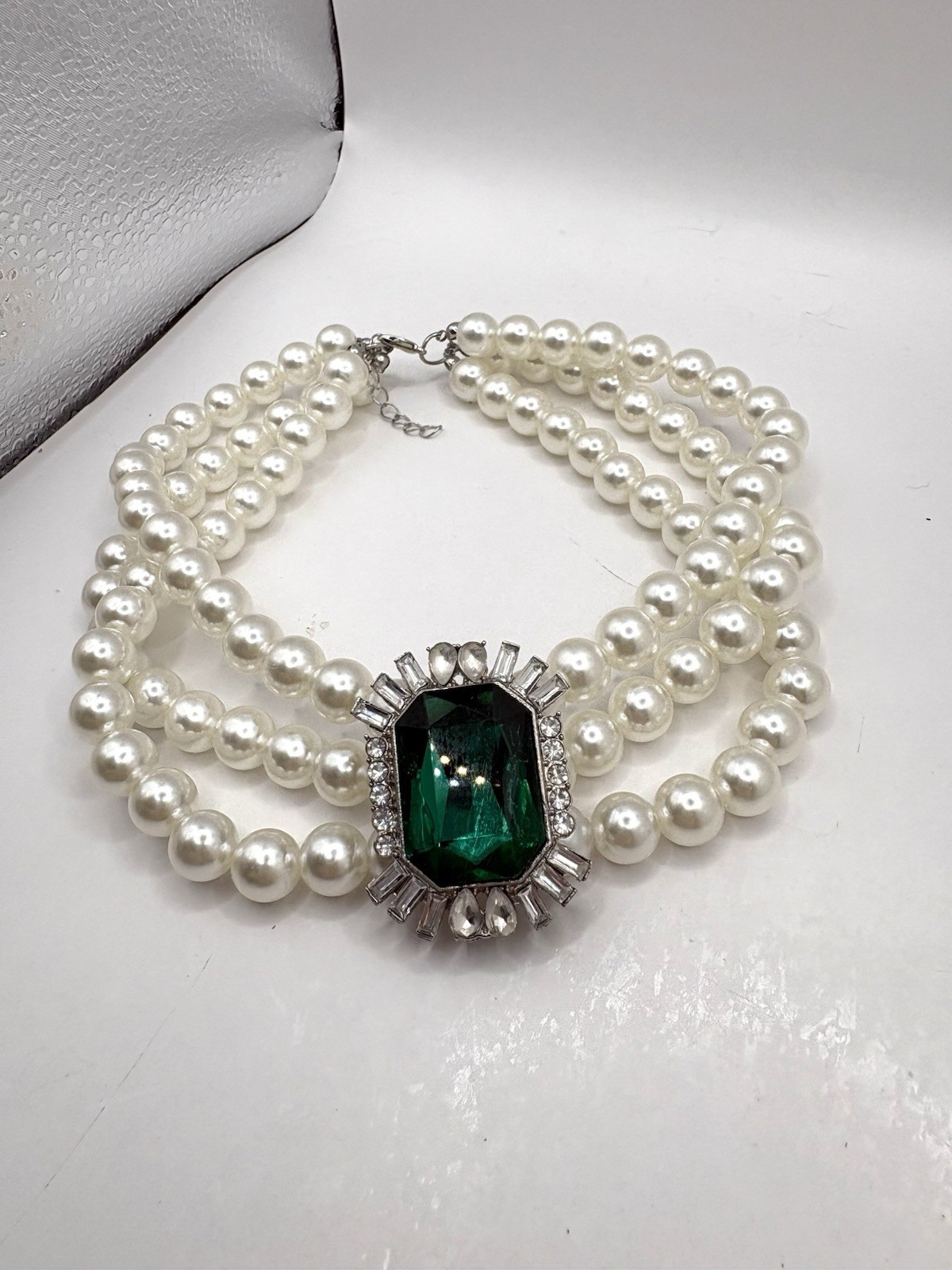 White Faux Pearl Triple Strand Choker Necklace W/ Green & Crystal Focal Necklace