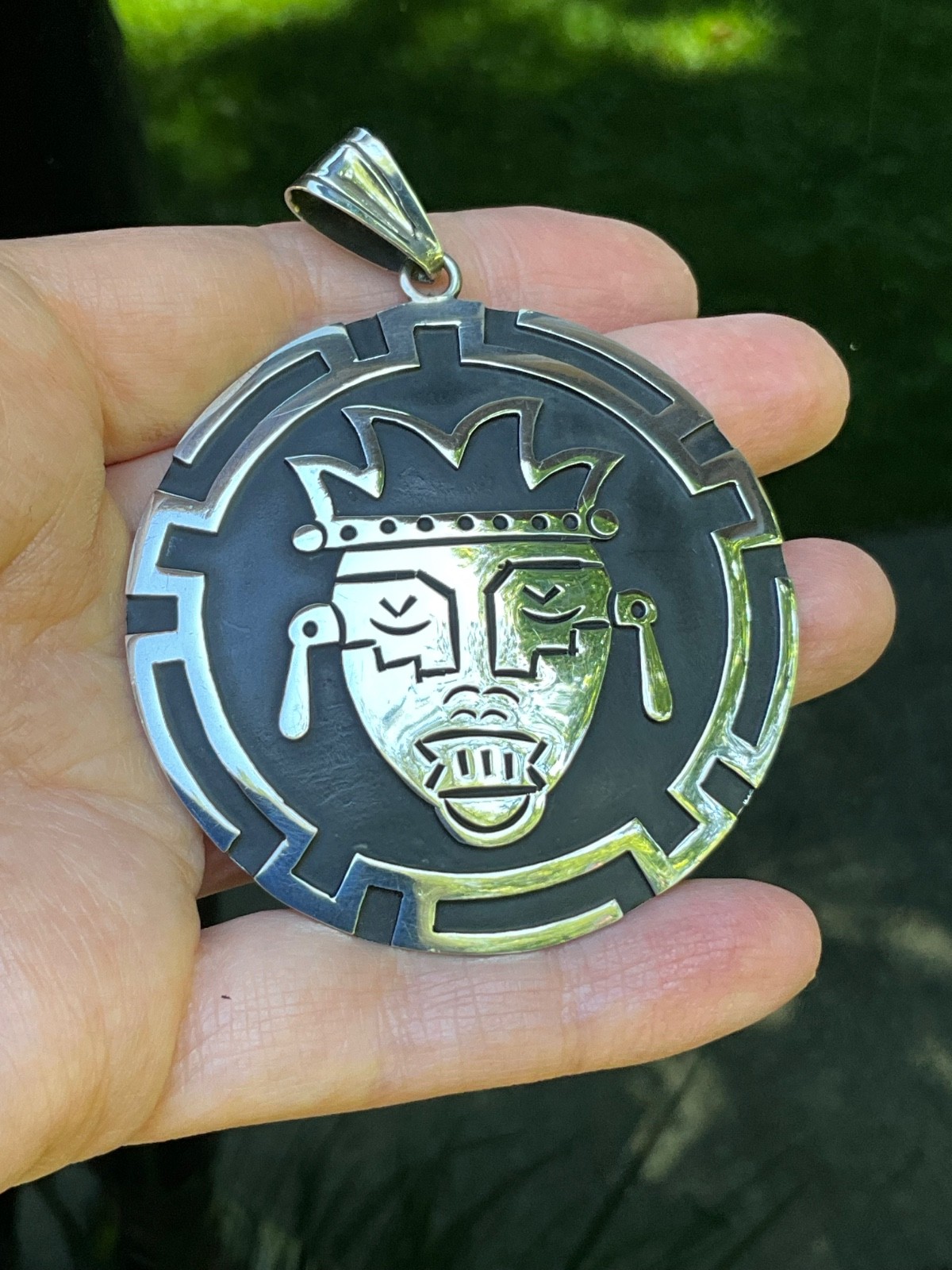 Huge Vintage Sterling Silver Aztec Mask Pendant Mexico 22.4g Handcrafted Tribal